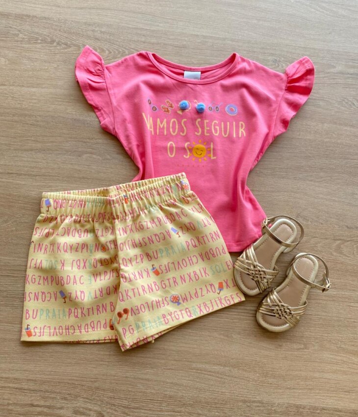 Conjunto Infantil Feminino Blusa Rosa com Pompom e Short Estampado Fernanda Ramos Kids