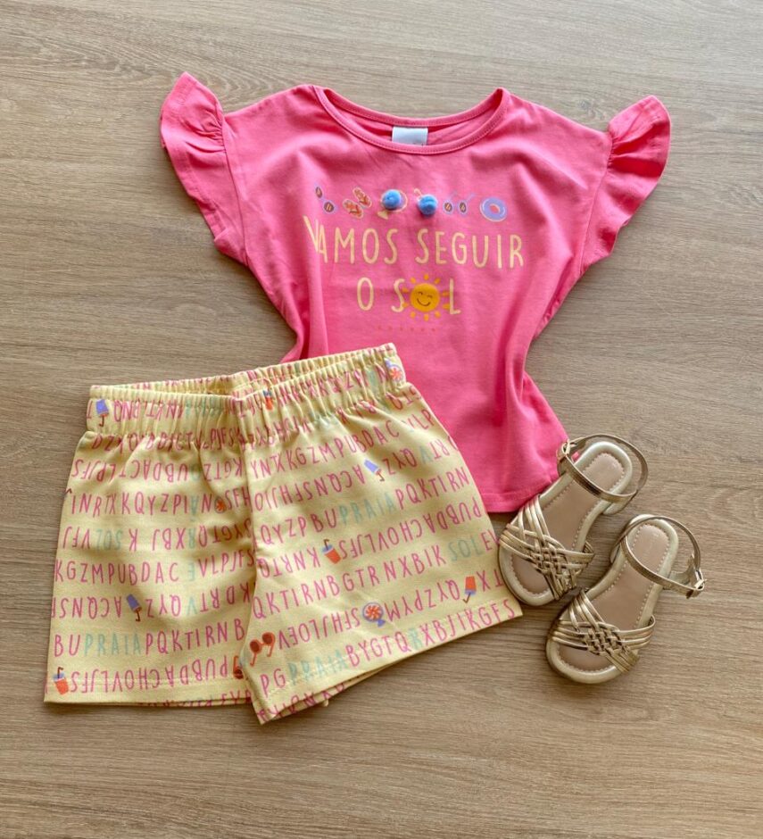 Conjunto Infantil Feminino Blusa Rosa com Pompom e Short Estampado Fernanda Ramos Kids