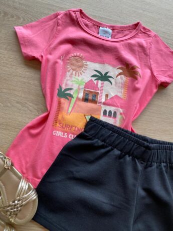 fernandaramoskids com br Conjunto Infantil Feminino Blusa Rosa Girls Club e Bermuda Preta1