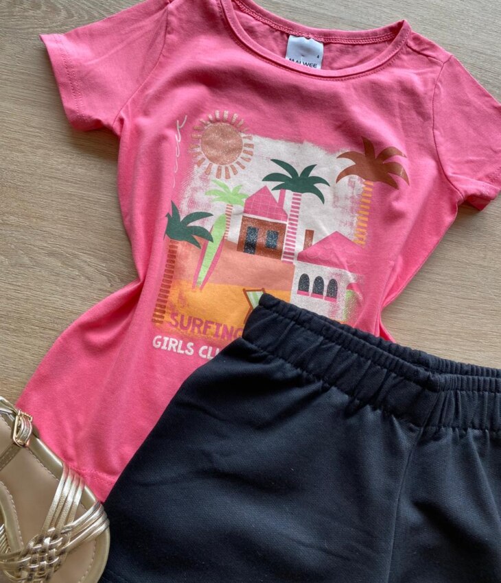 fernandaramoskids com br Conjunto Infantil Feminino Blusa Rosa Girls Club e Bermuda Preta1