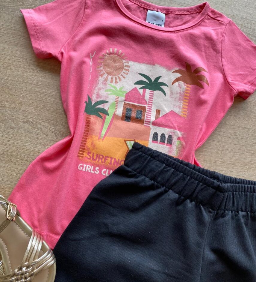 fernandaramoskids com br Conjunto Infantil Feminino Blusa Rosa Girls Club e Bermuda Preta1