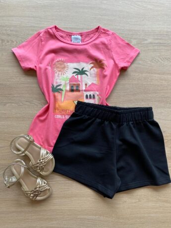 Conjunto Infantil Feminino Blusa Rosa Girls Club e Bermuda Preta Fernanda Ramos Kids