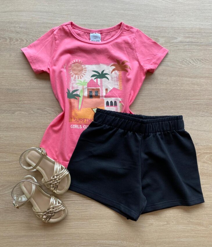 Conjunto Infantil Feminino Blusa Rosa Girls Club e Bermuda Preta Fernanda Ramos Kids