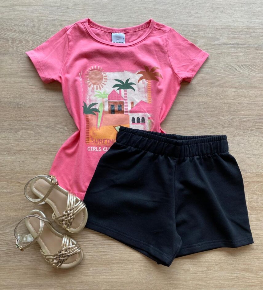 Conjunto Infantil Feminino Blusa Rosa Girls Club e Bermuda Preta Fernanda Ramos Kids