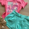 fernandaramoskids com br Conjunto Infantil Feminino Blusa Rosa Splash e Short Verde Água1