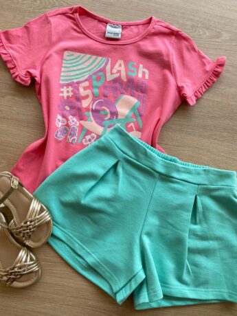 fernandaramoskids com br Conjunto Infantil Feminino Blusa Rosa Splash e Short Verde Água1