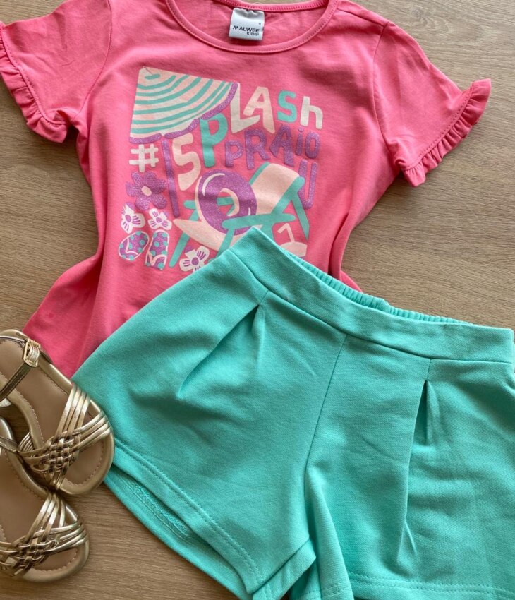 fernandaramoskids com br Conjunto Infantil Feminino Blusa Rosa Splash e Short Verde Água1