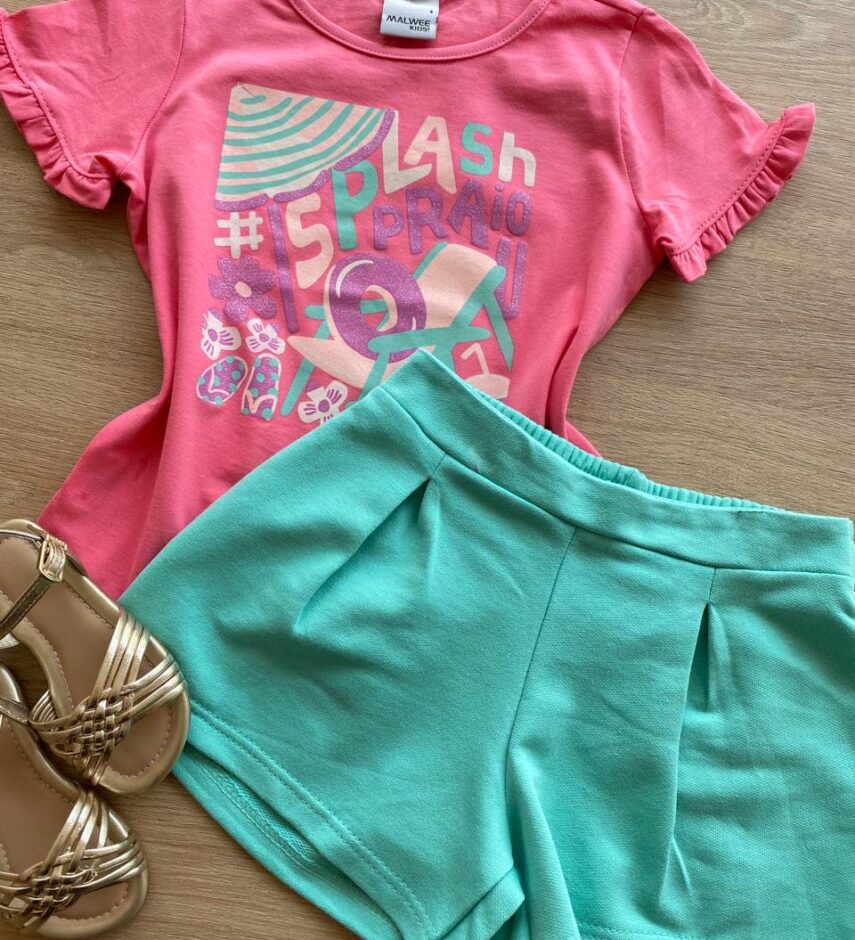 fernandaramoskids com br Conjunto Infantil Feminino Blusa Rosa Splash e Short Verde Água1