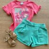 Conjunto Infantil Feminino Blusa Rosa Splash e Short Verde Água Fernanda Ramos Kids