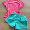 fernandaramoskids com br Conjunto Infantil Feminino Blusa Rosa Splash e Short Verde Água2
