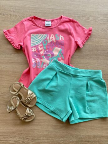 Conjunto Infantil Feminino Blusa Rosa Splash e Short Verde Água Fernanda Ramos Kids
