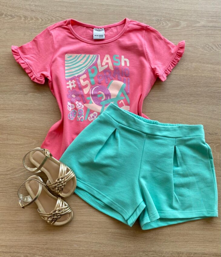 Conjunto Infantil Feminino Blusa Rosa Splash e Short Verde Água Fernanda Ramos Kids