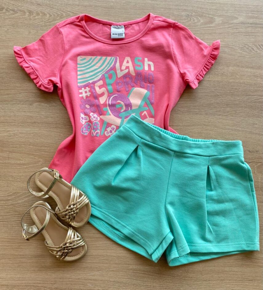 Conjunto Infantil Feminino Blusa Rosa Splash e Short Verde Água Fernanda Ramos Kids