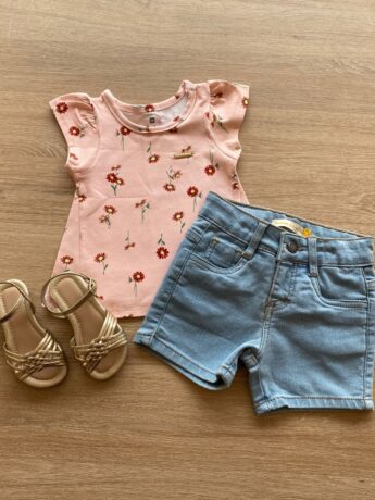 Conjunto Infantil Feminino Blusa Salmão Estampada e Short Jeans Fernanda Ramos Kids