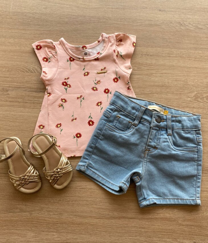 Conjunto Infantil Feminino Blusa Salmão Estampada e Short Jeans Fernanda Ramos Kids