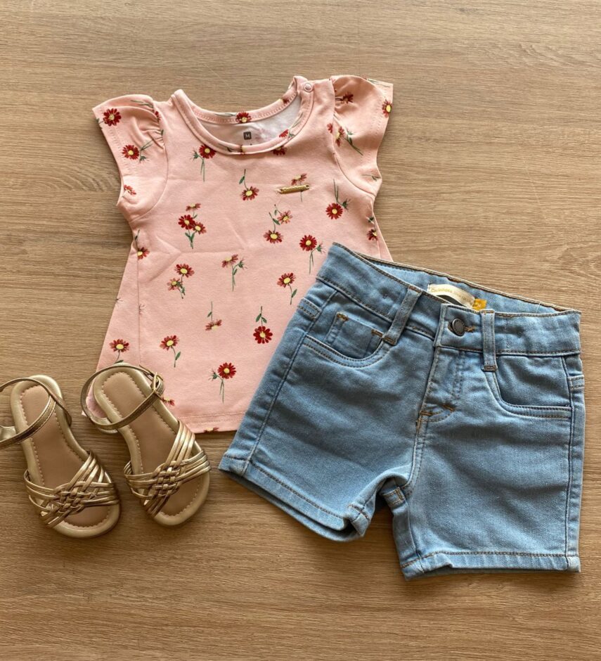 Conjunto Infantil Feminino Blusa Salmão Estampada e Short Jeans Fernanda Ramos Kids