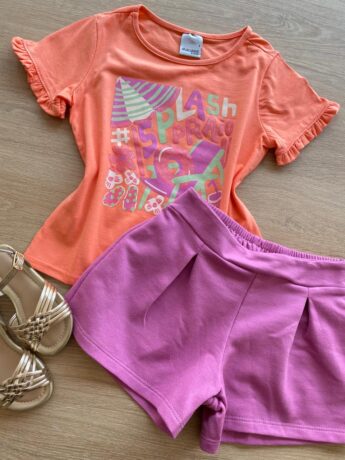 fernandaramoskids com br Conjunto Infantil Feminino Blusa Salmão Splash e Short Lilás1