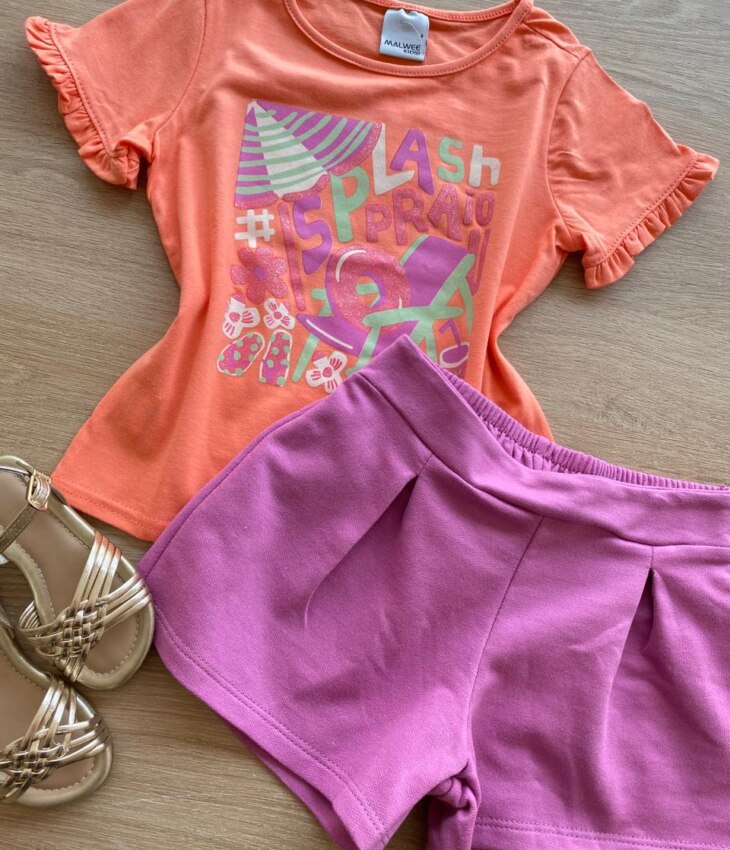 fernandaramoskids com br Conjunto Infantil Feminino Blusa Salmão Splash e Short Lilás1