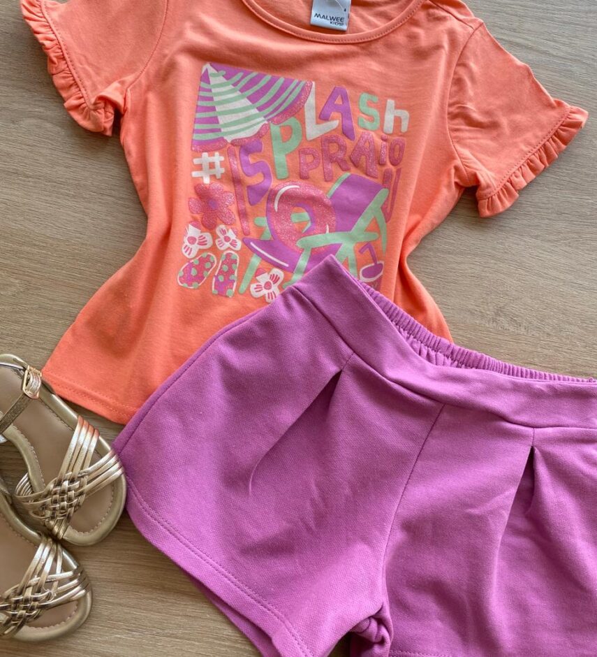 fernandaramoskids com br Conjunto Infantil Feminino Blusa Salmão Splash e Short Lilás1