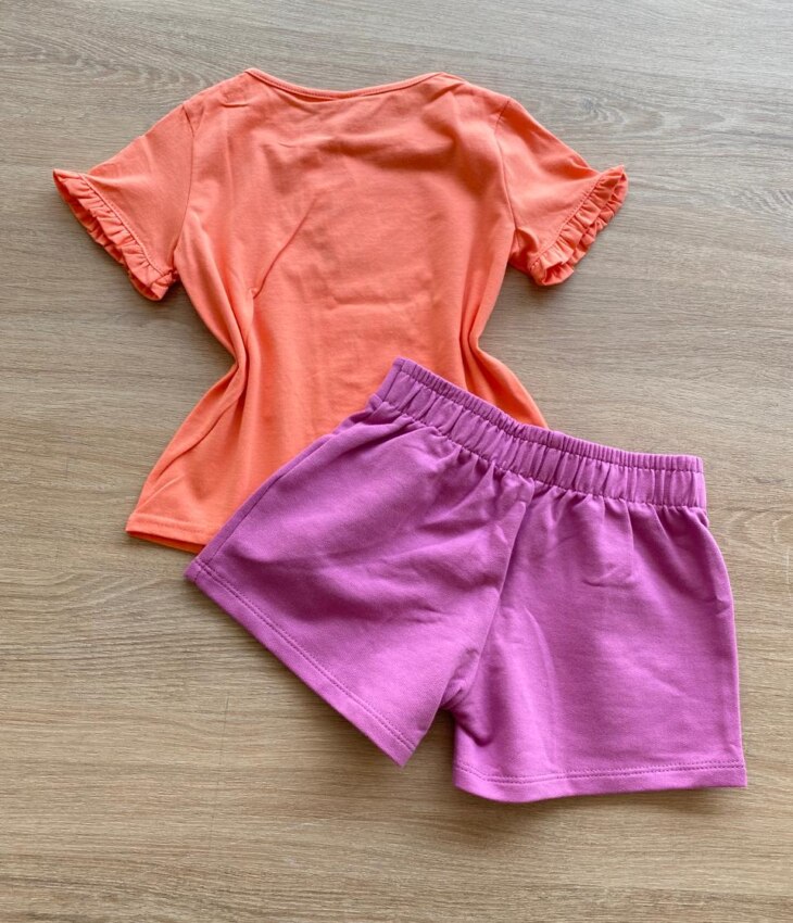 fernandaramoskids com br Conjunto Infantil Feminino Blusa Salmão Splash e Short Lilás2