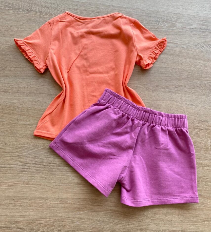 fernandaramoskids com br Conjunto Infantil Feminino Blusa Salmão Splash e Short Lilás2
