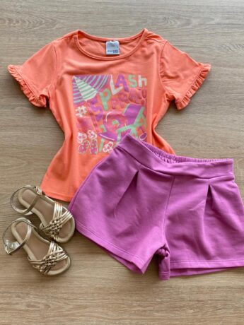 Conjunto Infantil Feminino Blusa Salmão Splash e Short Lilás Fernanda Ramos Kids