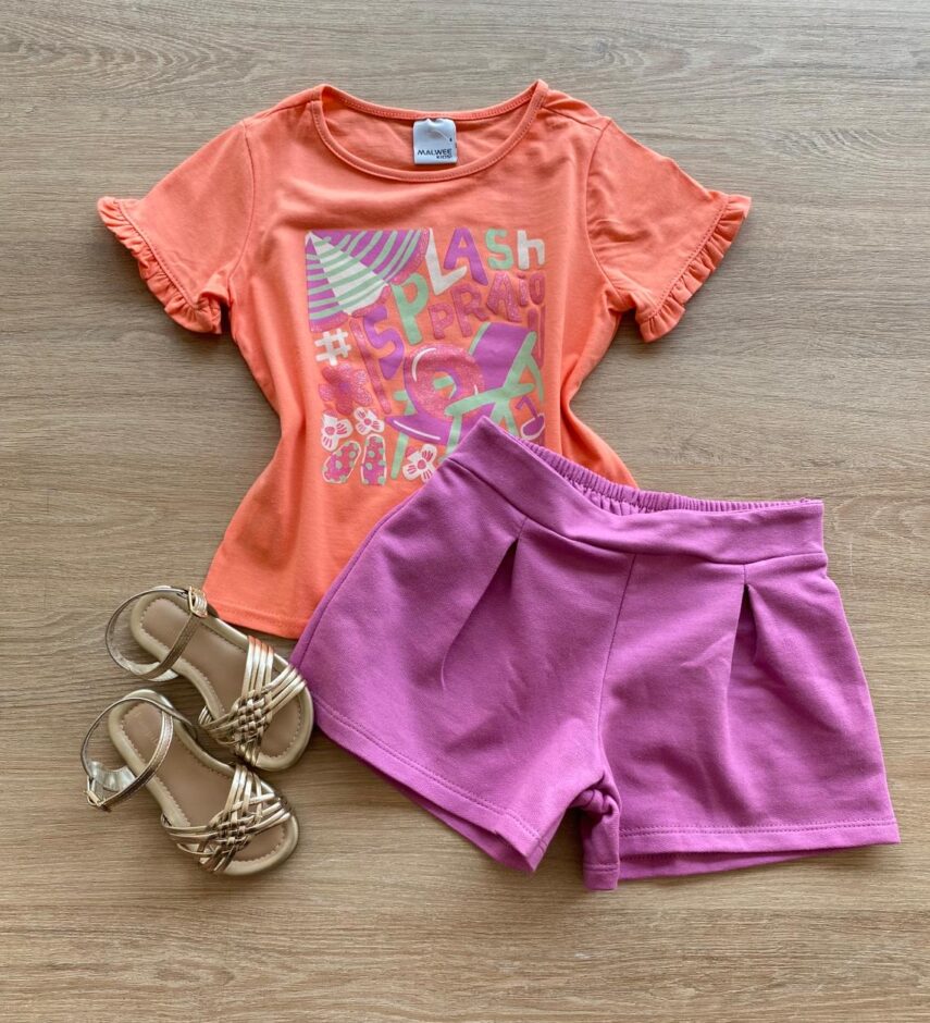 Conjunto Infantil Feminino Blusa Salmão Splash e Short Lilás Fernanda Ramos Kids