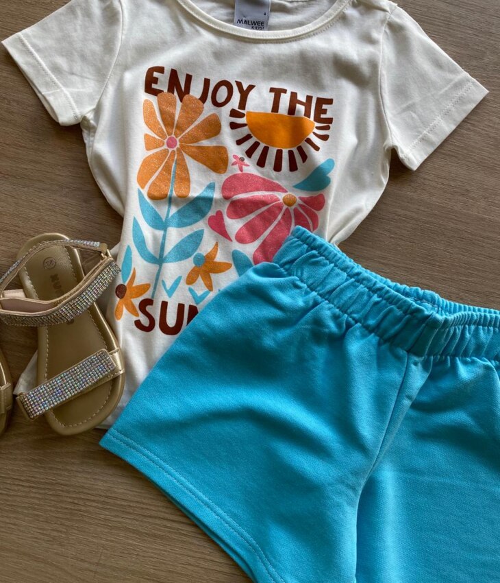 fernandaramoskids com br Conjunto Infantil Feminino Blusa Summer Off White e Bermuda Azul1