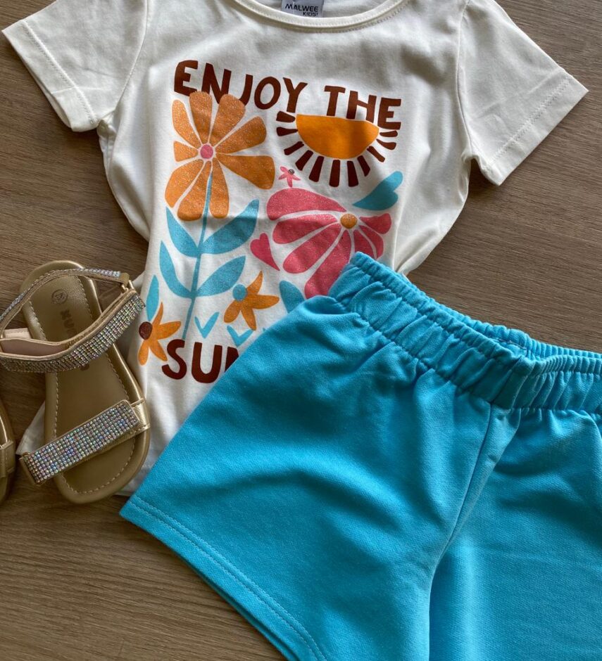 fernandaramoskids com br Conjunto Infantil Feminino Blusa Summer Off White e Bermuda Azul1