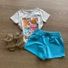 Conjunto Infantil Feminino Blusa Summer Off White e Bermuda Azul Fernanda Ramos Kids