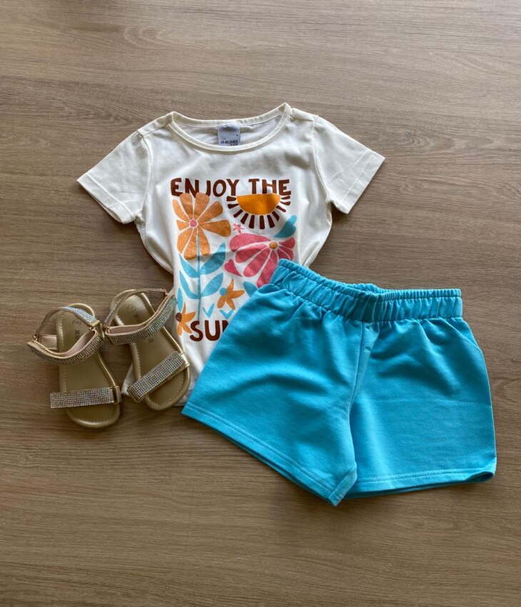 Conjunto Infantil Feminino Blusa Summer Off White e Bermuda Azul Fernanda Ramos Kids
