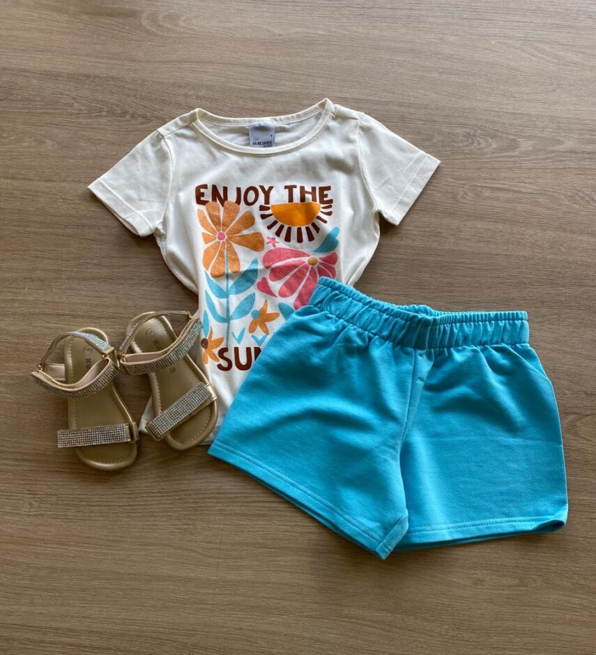 Conjunto Infantil Feminino Blusa Summer Off White e Bermuda Azul Fernanda Ramos Kids
