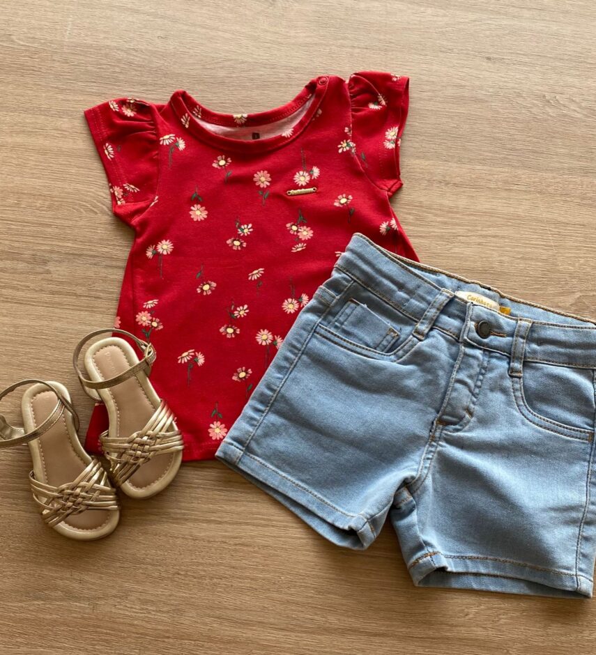 Conjunto Infantil Feminino Blusa Vermelha Estampada e Short Jeans Fernanda Ramos kids