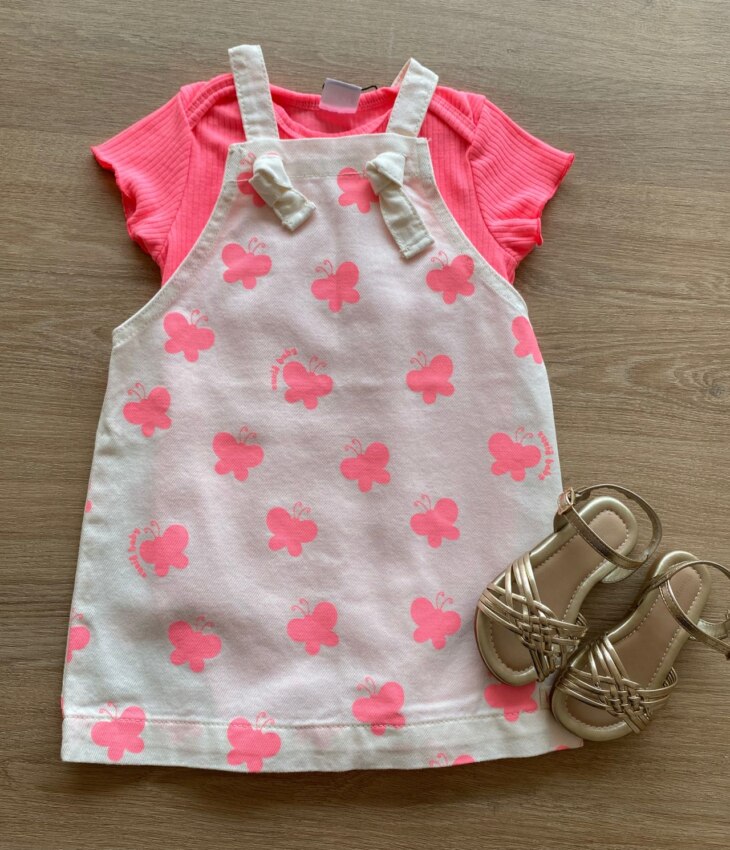 Conjunto Infantil Feminino Body Rosa Neon e Salopete Estampada Fernanda Ramos Kids