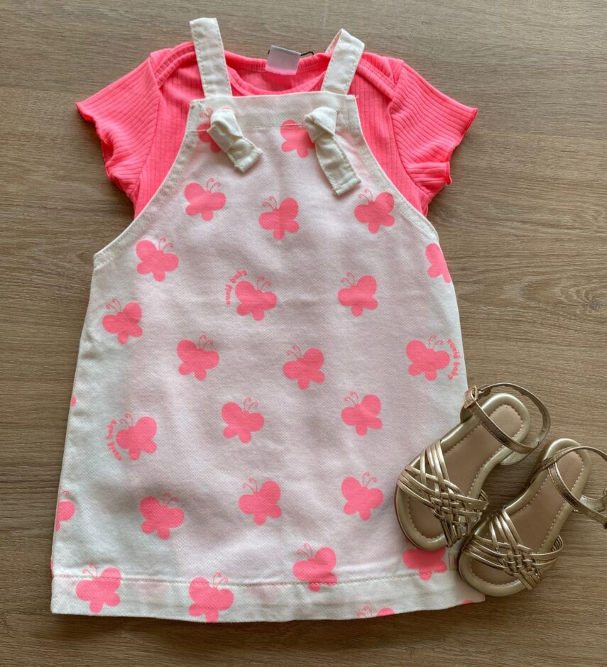 Conjunto Infantil Feminino Body Rosa Neon e Salopete Estampada Fernanda Ramos Kids