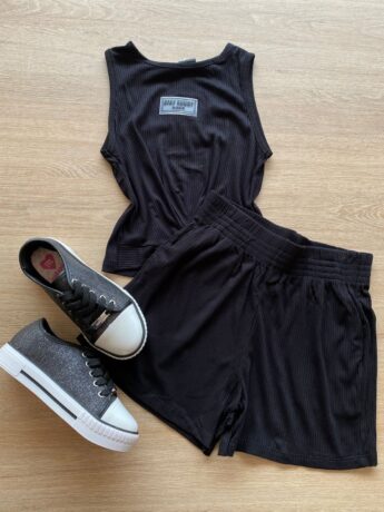 Conjunto Infantil Feminino Canelado Regata e Short Preto Fernanda Ramos Kids