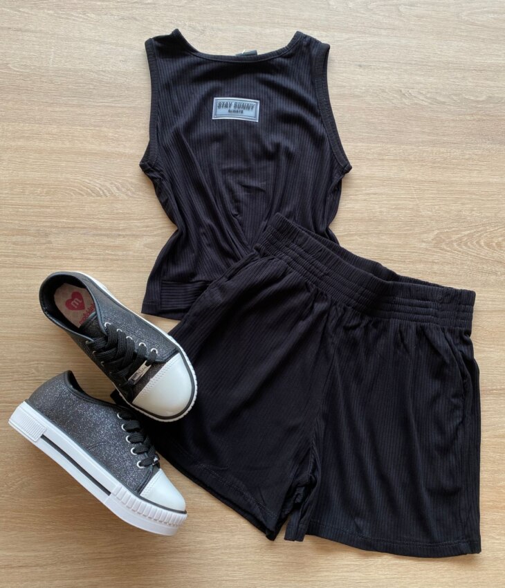 Conjunto Infantil Feminino Canelado Regata e Short Preto Fernanda Ramos Kids