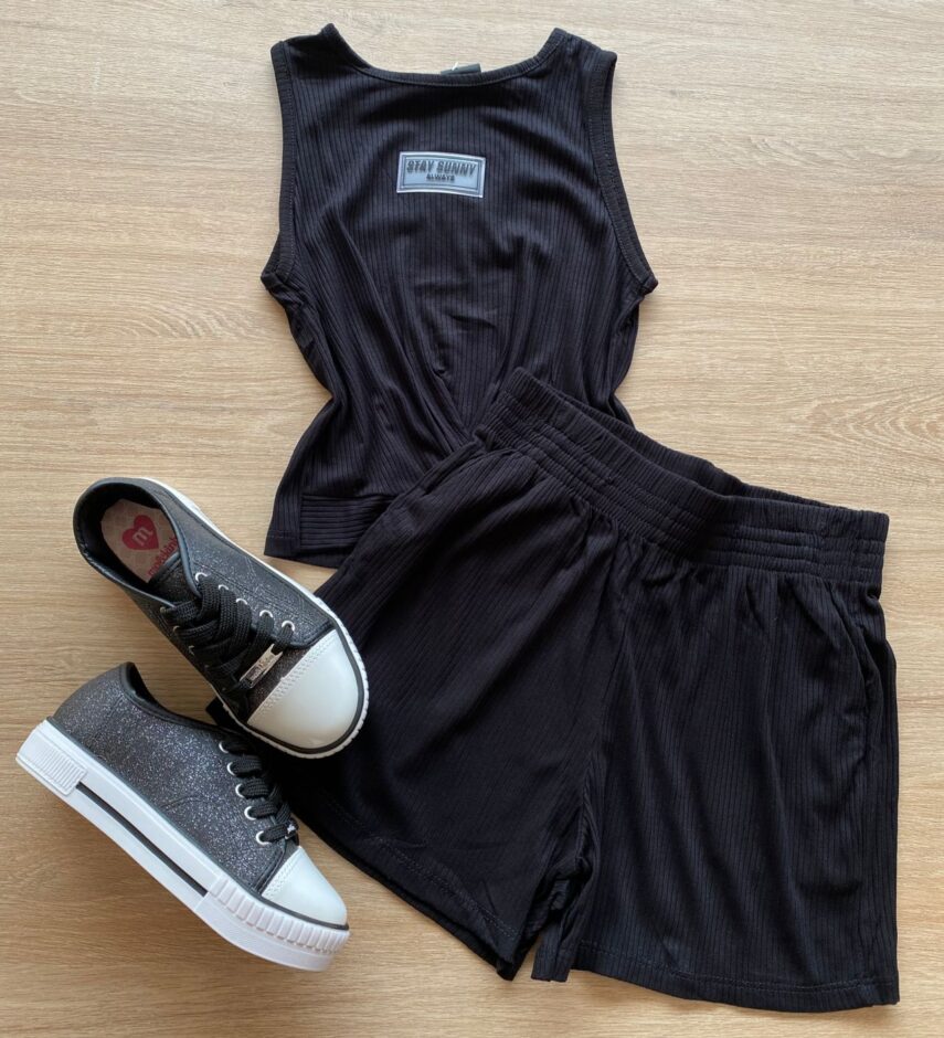 Conjunto Infantil Feminino Canelado Regata e Short Preto Fernanda Ramos Kids