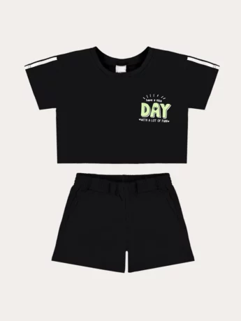 Conjunto Infantil Feminino Cropped e Short Preto com Bolsos Fernanda Ramos Kids