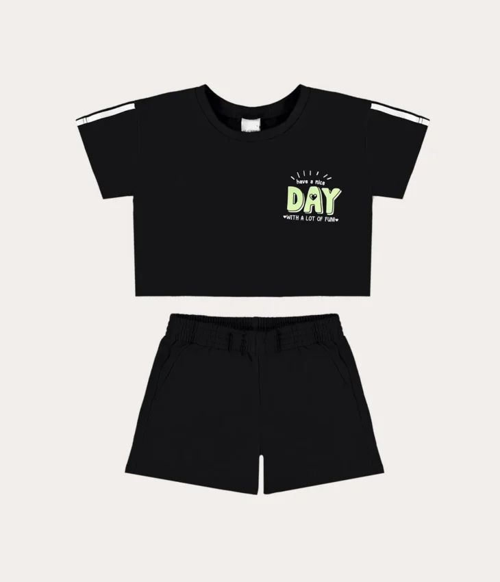 Conjunto Infantil Feminino Cropped e Short Preto com Bolsos Fernanda Ramos Kids