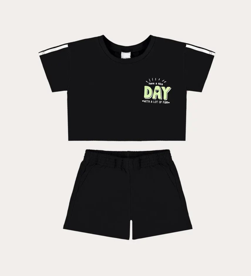 Conjunto Infantil Feminino Cropped e Short Preto com Bolsos Fernanda Ramos Kids