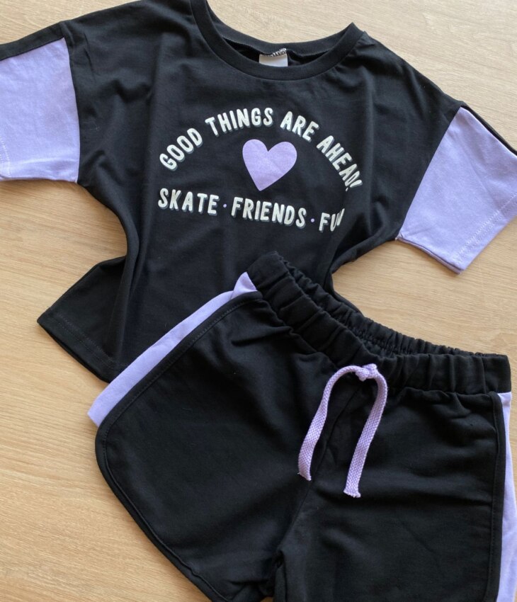 fernandaramoskids com br Conjunto Infantil Feminino Cropped e Short Preto Detalhe em Lilás1