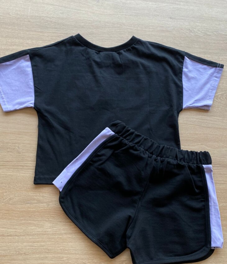fernandaramoskids com br Conjunto Infantil Feminino Cropped e Short Preto Detalhe em Lilás2