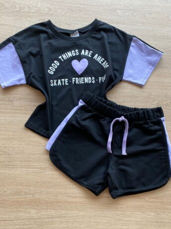 Conjunto Infantil Feminino Cropped e Short Preto Detalhe em Lilás Fernanda Ramos Kids