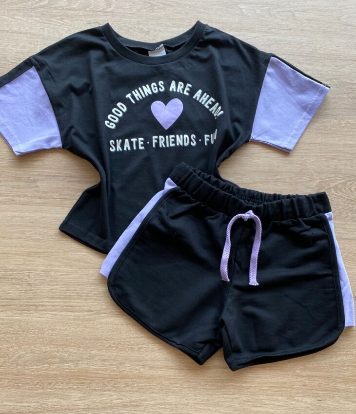 Conjunto Infantil Feminino Cropped e Short Preto Detalhe em Lilás Fernanda Ramos Kids