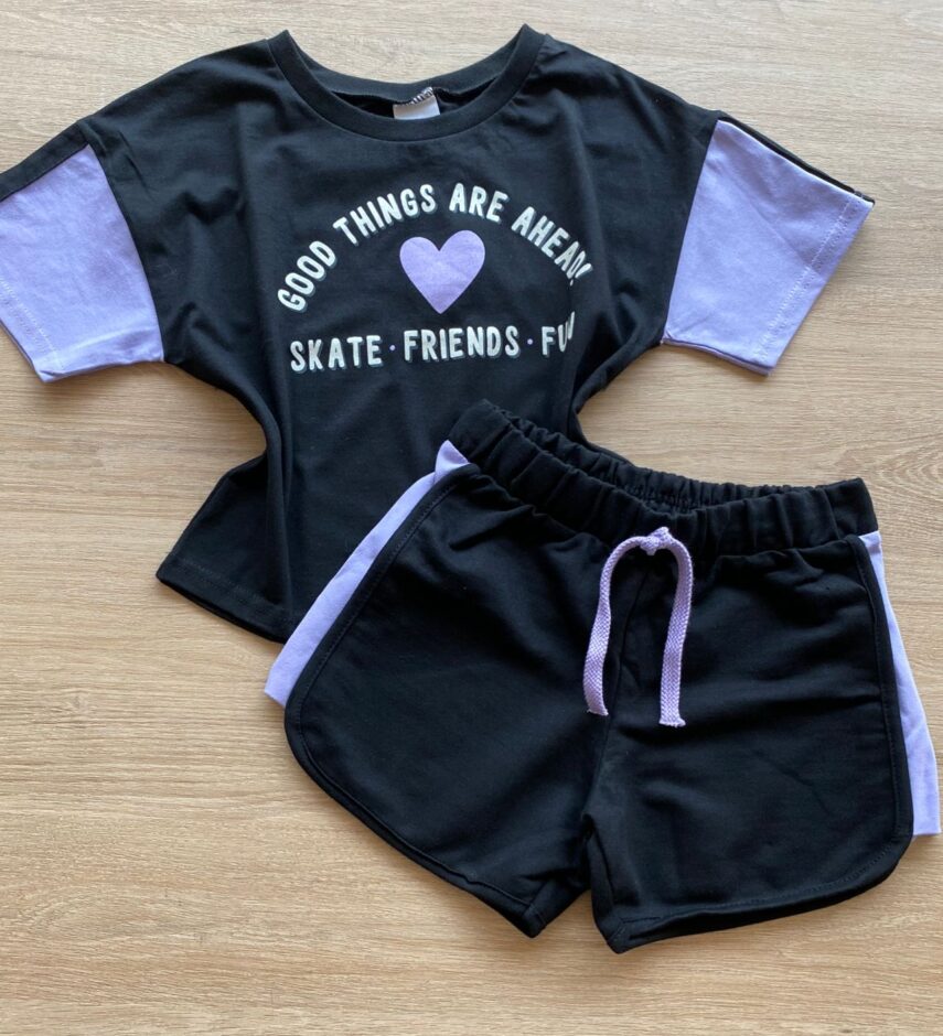 Conjunto Infantil Feminino Cropped e Short Preto Detalhe em Lilás Fernanda Ramos Kids