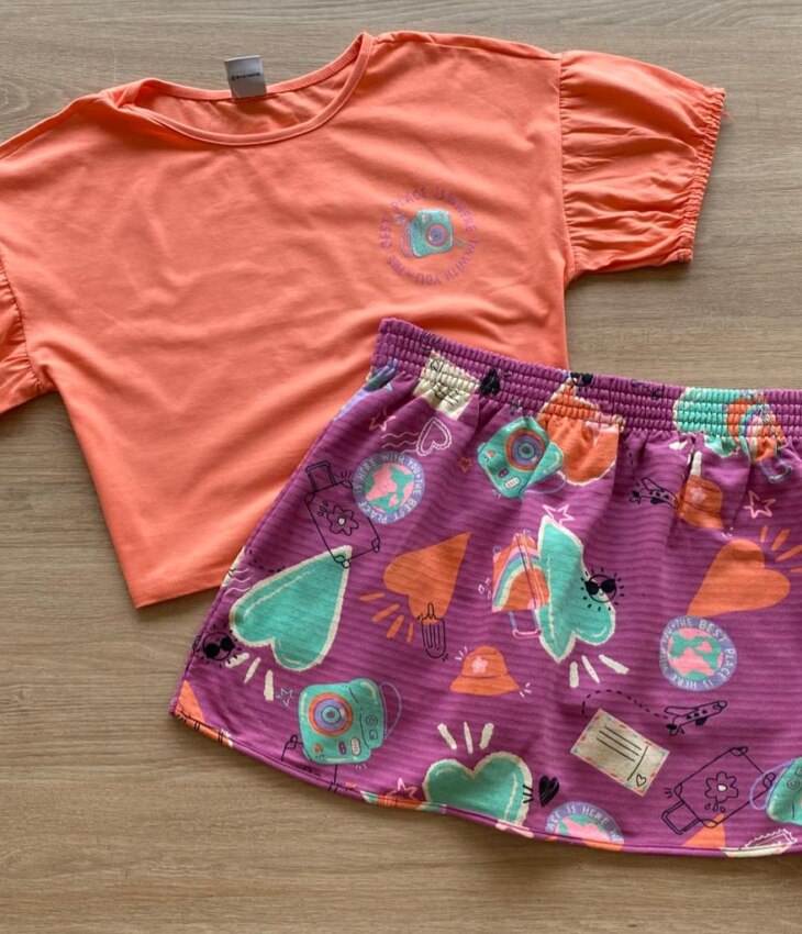 Conjunto Infantil Feminino Cropped Laranja e Short Saia Estampado Fernanda Ramos Kids
