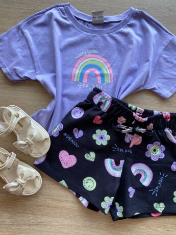 fernandaramoskids com br Conjunto Infantil Feminino Cropped Lilás e Short Preto Estampado1