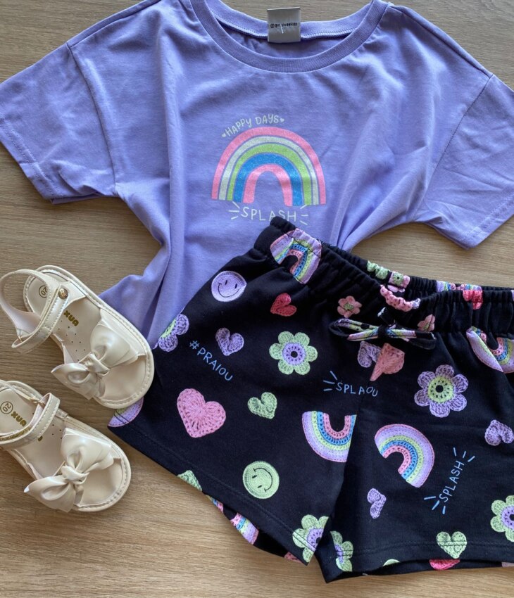 fernandaramoskids com br Conjunto Infantil Feminino Cropped Lilás e Short Preto Estampado1