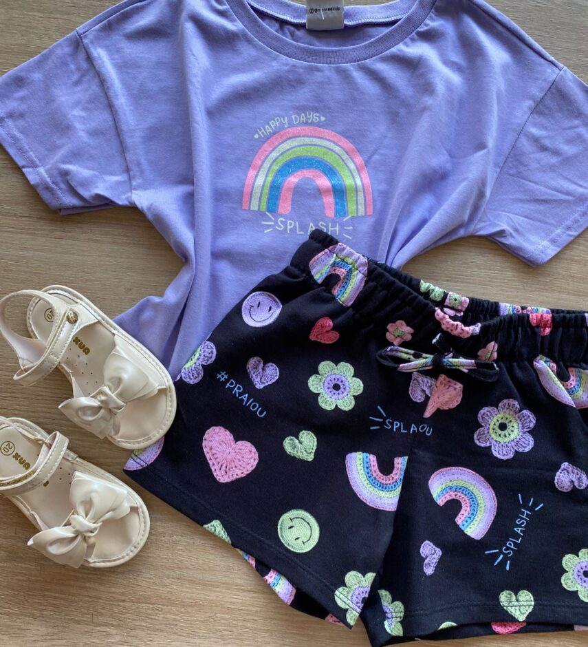 fernandaramoskids com br Conjunto Infantil Feminino Cropped Lilás e Short Preto Estampado1